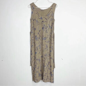 Jonathan Logan Dress Women Size Medium Blue Tan Floral Sleeveless Waist Tie VTG